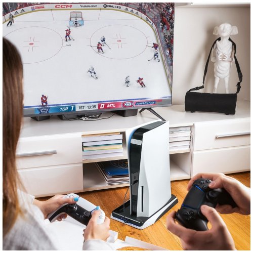 Dokovací stanice FIXED pro PlayStation 5 s chlazením a nabíjením pro dva ovladače DualSense, černo-bílá,