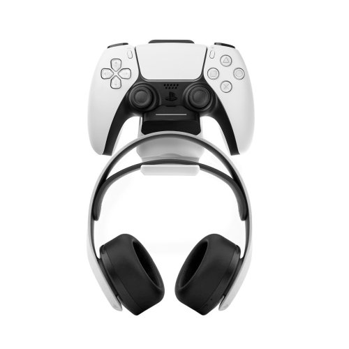 Dokovací stanice FIXED pro ovladač DualSense PlayStation 5 s háčkem na sluchátka, sklopná, černobílá