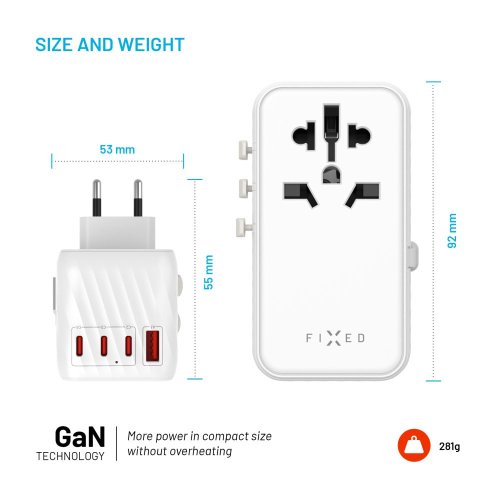 Adaptér FIXED Cestovné Voyager 120W pre EÚ, UK a USA/AUS, s 3xUSB-C a 1xUSB výstupom, GaN, PD 120W, biely Adaptér FIXED Cestovné Voyager 120W pre EÚ, UK a USA/AUS, s 3xUSB-C a 1xUSB výstupom, GaN, PD 120W, biely