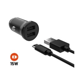 FIXED Auto-Ladegerät-Set mit 2x USB-Ausgang und USB/USB-C-Kabel, 1 Meter, 15W Smart Rapid Charge, schwarz