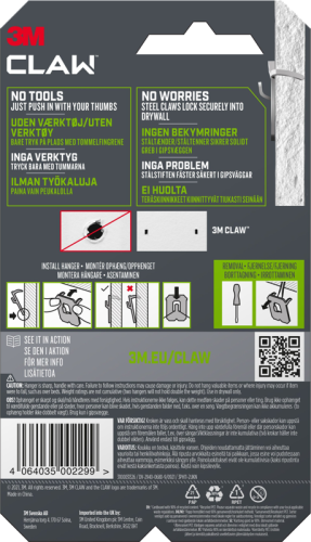 3M Claw Hook for drywall, hold 11 kg, 2 hooks