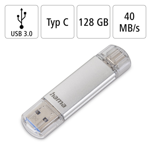Hama Flash Pen Laeta, USB-C/USB-A 3.1, 128 GB, 40 MB/s, strieborný