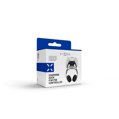 Dokovací stanice FIXED pro ovladač DualSense PlayStation 5 s háčkem na sluchátka, sklopná, černobílá