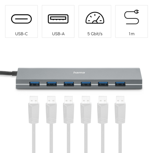 Hama USB-Hub, 7 portů, USB 3.2, 5 Gbit/s, adaptér USB-C, napájecí zdroj
