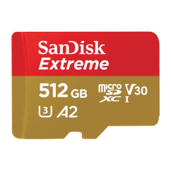 SanDisk Extreme microSDXC 512 GB + SD Adapter 190 MB/s and 130 MB/s A2 C10 V30 UHS-I U3