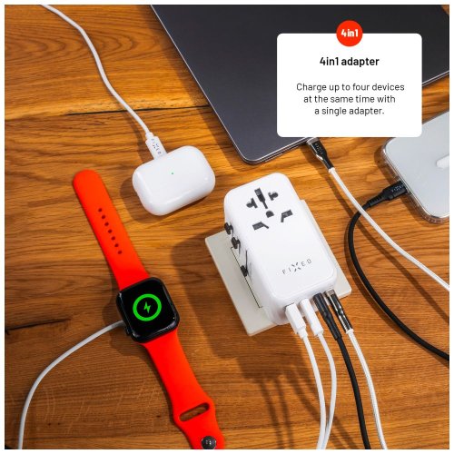 Adaptér FIXED Cestovné Voyager 120W pre EÚ, UK a USA/AUS, s 3xUSB-C a 1xUSB výstupom, GaN, PD 120W, biely Adaptér FIXED Cestovné Voyager 120W pre EÚ, UK a USA/AUS, s 3xUSB-C a 1xUSB výstupom, GaN, PD 120W, biely