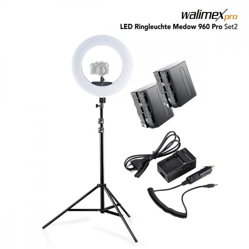 Walimex pro LED Ring Light Medow 960 Pro Bi Color with Light Stand + 2x Battery
