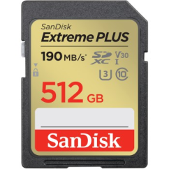 SanDisk Extreme PLUS 512 GB SDXC Speicherkarte 190 MB/s und 130 MB/s, UHS-I, Class 10, U3, V30