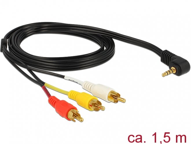 Delock kabel 3 x RCA (cinch) samec na 3,5 mm 4 pin úhlový audio stereo jack samec