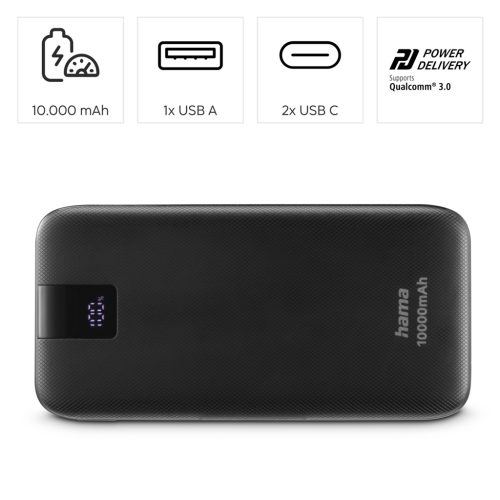 Hama PD 10 powerbank, 10000 mAh, 3 výstupy: 2x USB-C, 1x USB-A, LED displej, PD, Qualcomm