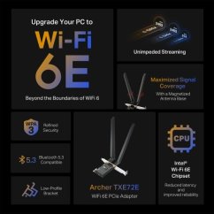 Sieťová karta TP-Link Archer TXE72E AXE 5400, WiFi 6E, Bluetooth 5.3, 574Mbps 2,4/5/6GHz, PCI-e