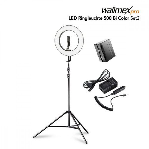 Walimex pro LED Ringleuchte 500 Bi Color RLL-500BV mit Stativ + 2x Akku
