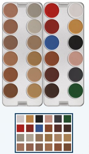 Kryolan Aquacolor paleta profesionálnych šminiek s telovými odtieňmi a farbami pre tieňovanie, 24 farieb