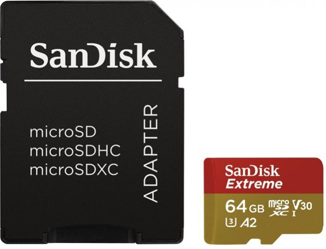 SanDisk Extreme microSDXC 64GB 160 MB/s A2 C10 V30 UHS-I U3 + Adapter, für Actionkameras