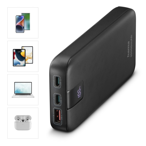 Hama PD 10 powerbank, 10000 mAh, 3 výstupy: 2x USB-C, 1x USB-A, LED displej, PD, Qualcomm