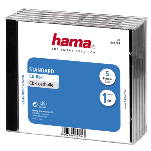 Hama CD Standard box, štandardný obal na 1 CD/DVD, priehľadný/čierny, balenie 5 ks (cena za balenie)