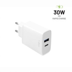 Nabíjačka FIXED sieťová s USB-C a USB výstupom, podpora PD, 30W, biela