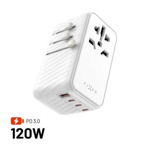 Adaptér FIXED Cestovné Voyager 120W pre EÚ, UK a USA/AUS, s 3xUSB-C a 1xUSB výstupom, GaN, PD 120W, biely Adaptér FIXED Cestovné Voyager 120W pre EÚ, UK a USA/AUS, s 3xUSB-C a 1xUSB výstupom, GaN, PD 120W, biely