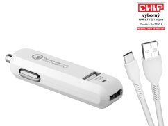 Nabíjačka do auta CarMAX 2x Qualcomm Quick Charge 2.0, biela farba (USB-C kábel)