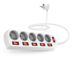 Kábel predlžovací prívod 230V 2m, 5 zásuviek s vypínačmi, biely