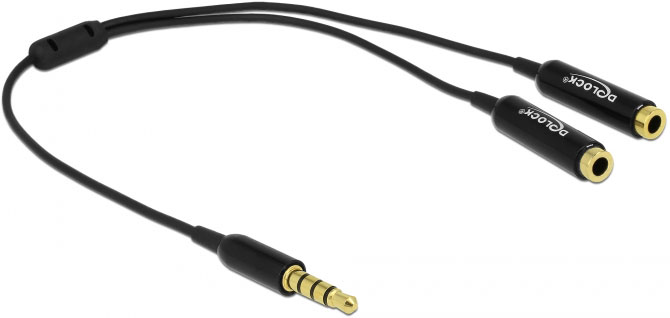 Delock Cable audio splitter stereo jack male 3.5 mm 4 pin (TRRS) > 2 x stereo jack female 3.5 mm 4 pin (TRRS),  25 cm, Black