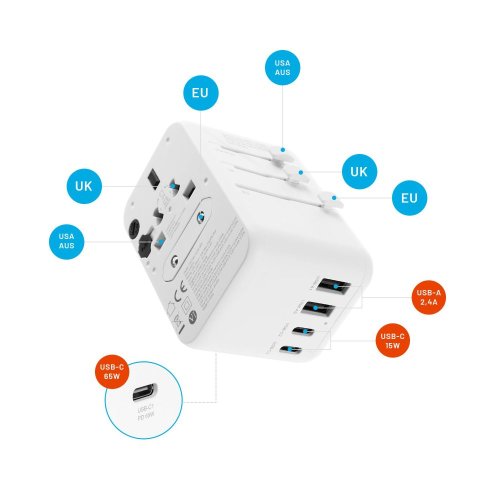 Adaptér FIXED Cestovné pre EÚ, UK a USA/AUS, s 3xUSB-C a 2xUSB výstupom, GaN, PD 65W, biely Adaptér FIXED Cestovné pre EÚ, UK a USA/AUS, s 3xUSB-C a 2xUSB výstupom, GaN, PD 65W, biely