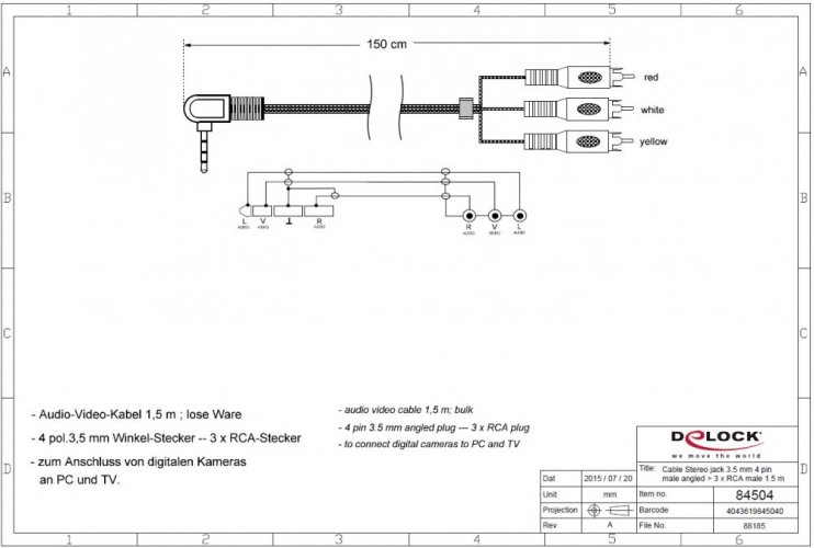 Delock kábel 3 x RCA (cinch) samec na 3,5 mm 4 pin uhlový audio stereo jack samec