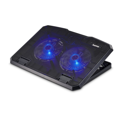 Chladicí stojan Hama pro notebook Black Metal, naklápěcí, 2 ventilátory, modré podsvícení, tichý Chladicí stojan Hama pro notebook Black Metal, naklápěcí, 2 ventilátory, modré podsvícení, tichý