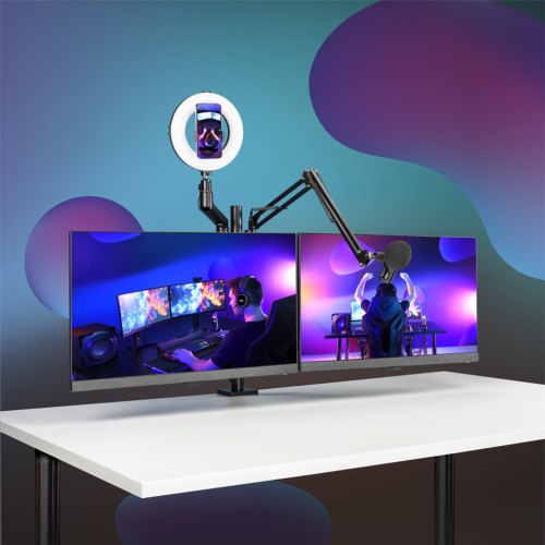 Hama stolný držiak monitoru+ďalších 3 zariadení, pre streaming/gaming, výškovo nastaviteľný, otočný Hama stolný držiak monitoru+ďalších 3 zariadení, pre streaming/gaming, výškovo nastaviteľný, otočný