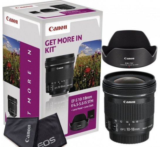 Canon EF-S 10-18/4,5-5,6 IS STM + sluneční clona EW73C + utěrka na optiku Canon