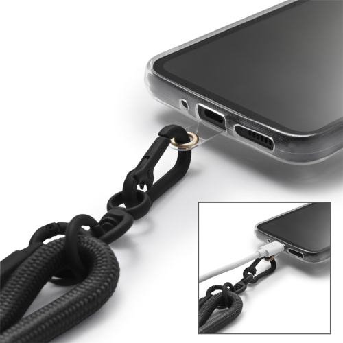 Šňůrka na mobilní telefon Hama, univerzální, nastavitelná, s karabinou, 2 m, černá