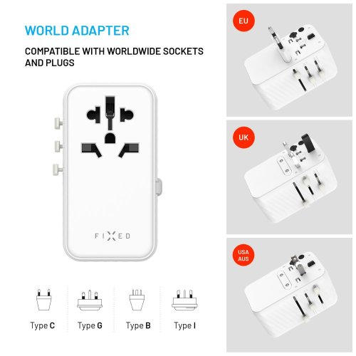 Adaptér FIXED Cestovné Voyager 120W pre EÚ, UK a USA/AUS, s 3xUSB-C a 1xUSB výstupom, GaN, PD 120W, biely Adaptér FIXED Cestovné Voyager 120W pre EÚ, UK a USA/AUS, s 3xUSB-C a 1xUSB výstupom, GaN, PD 120W, biely