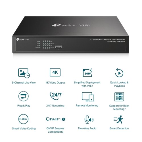 TP-Link VIGI NVR1008H-8MP 8 channels, 8x Lan with PoE, 2x USB