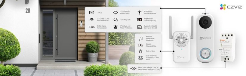 Zvonek Ezviz DB1C sada WiFi, domácí s kamerou, vyzváněcí jednotkou, transformátorem