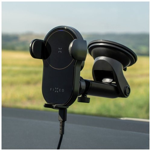 FIXED Matic XL držák pro rychlé bezdrátové nabíjení na sklo nebo palubní desku, 15 W, černý