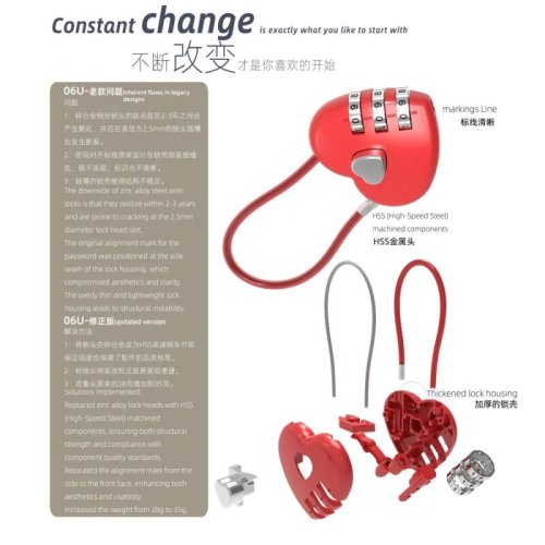 Kabelový číselný zámek srdce červený 30cm (ZAM1RE)