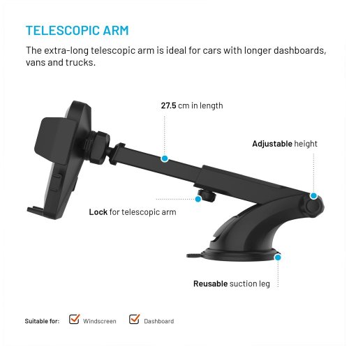 Držák FIXED Iconiq XXL s dlouhou přísavkou na sklo nebo palubní desku, černý