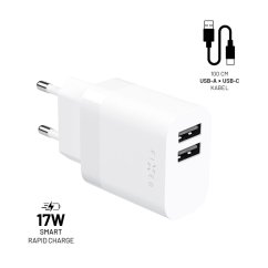 Set FIXED sieťové nabíjačky s 2xUSB výstupom a USB/USB-C káblom, 1 meter, 17W Smart Rapid Charge, biela