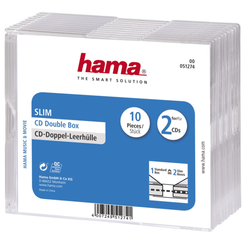Hama CD Slim Double Box, obal na 2 cd/dvd, priehľadný, balenie 10 ks (cena za balenie)