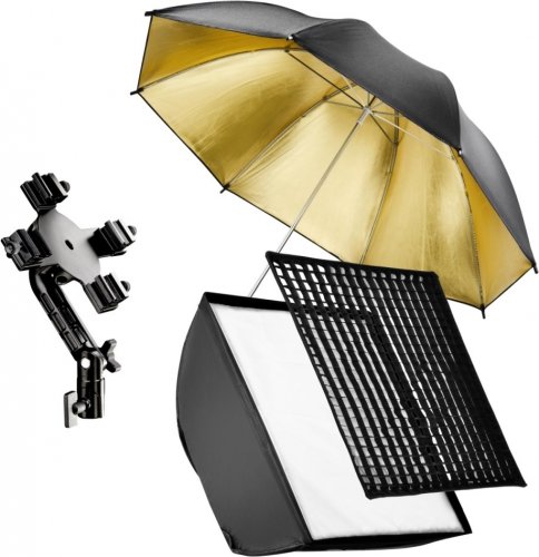 Walimex držiak 4 bleskov so softboxom 60cm + zlatý odrazný dáždnik