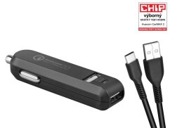 Nabíjačka do auta CarMAX 2x Qualcomm Quick Charge 2.0, čierna farba (USB-C kábel)