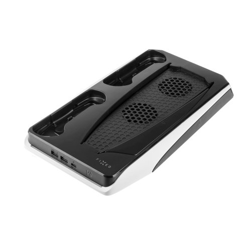 Dokovací stanice FIXED pro PlayStation 5 s chlazením a nabíjením pro dva ovladače DualSense, černo-bílá,