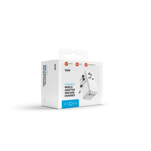 Adaptér FIXED Cestovné Voyager 120W pre EÚ, UK a USA/AUS, s 3xUSB-C a 1xUSB výstupom, GaN, PD 120W, biely Adaptér FIXED Cestovné Voyager 120W pre EÚ, UK a USA/AUS, s 3xUSB-C a 1xUSB výstupom, GaN, PD 120W, biely