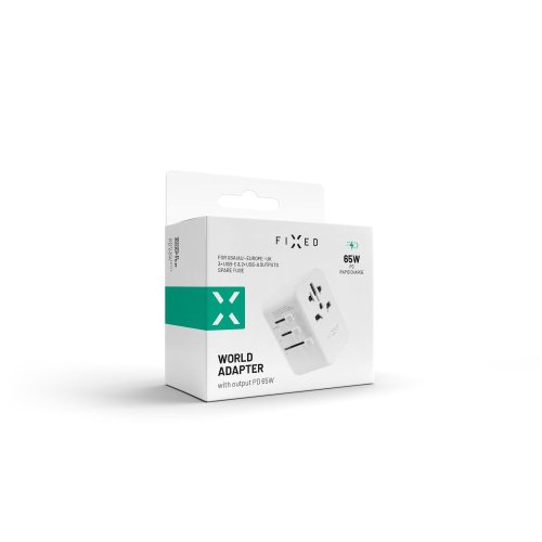 Adaptér FIXED Cestovné pre EÚ, UK a USA/AUS, s 3xUSB-C a 2xUSB výstupom, GaN, PD 65W, biely Adaptér FIXED Cestovné pre EÚ, UK a USA/AUS, s 3xUSB-C a 2xUSB výstupom, GaN, PD 65W, biely