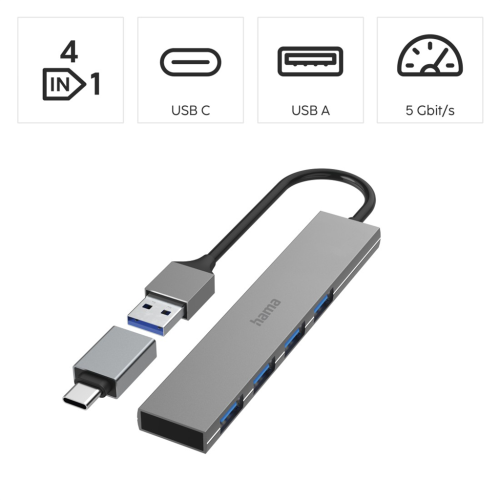 Hama USB hub, 4 porty, USB 3.2, 5 Gb/s, Ultra Slim, adaptér USB-C