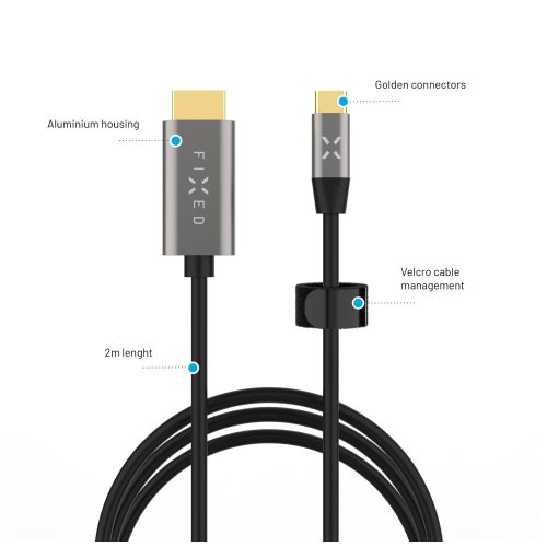 FIXED USB-C na HDMI kabel, USB-C 3.1 Gen 2 18Gbps, HDMI 2.0 4K60Hz, 2m, šedý
