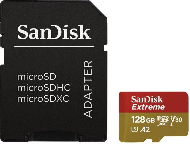 SanDisk Extreme microSDXC 128GB 160 MB/s A2 C10 V30 UHS-I U3 + adaptér, pro akční kamery