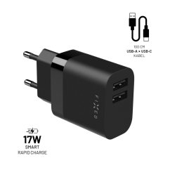 Set FIXED sieťové nabíjačky s 2xUSB výstupom a USB/USB-C káblom, 1 meter, 17W Smart Rapid Charge, čierna