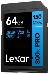 Lexar SDXC 800x Pro UHS-I cards, C10 (V30) U3, R150, 64GB