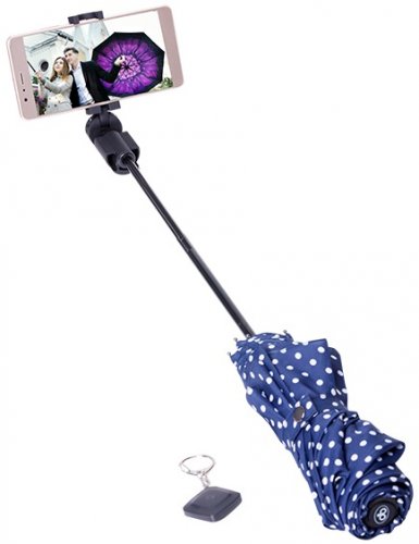 Papaler slunečník a deštník s integrovanou bluetooth selfie modrý s puntíky